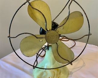 $225; Vintage metal fan with marbleized glass base; Montgomery Ward; working condition; 11 in. (H) x 9 in. (diameter) x 6 in. (depth)