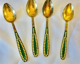 $15; Four vintage demitasse spoons with enamel coated handles; 4 1/ in. (L); marked