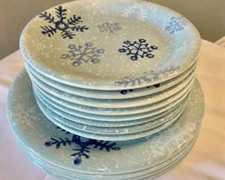 $30 - Set of "winter design" plates; four snowflake 11 in. dinner plates with four 8 in. snowflake dessert plates and four 8 in. snowman dessert plates
