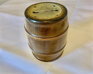 $20 - Vintage wooden barrel bank; base "Save Your Coins and Have a Barrel of Money"; 3 in. (H)