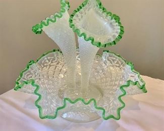$30 - Vintage Fenton ribbon edged vaseline glass vase with three removable trumpets; good condition; 10 in. (H) x 12 in. (diameter)