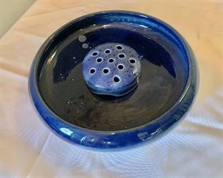 $24; Weller two-piece blue glazed ceramic flower frog 4 in. (diameter) and basin 10 1/2 in. (diameter) 