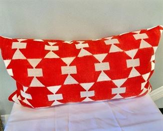 $60; Red and white fabric pillow; John Robshaw cotton; feather fill;  17 in. x 31 in.
