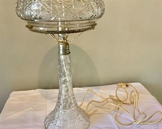 $295; Glass lamp 20 in. (H, overall); shade 10 in. (diameter); as is-tested may need rewiring. ALL CRYSTALS intact & included. (Not shown)
