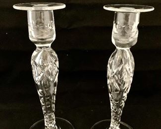 $45; Pair, crystal candlesticks; 10 in. (H) x 3 1/2 in. (W)
