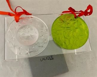 $30 EACH; Lalique crystal ornaments; clear - 2 3/4 in. (diameter), green - 2 1/2 in. (diameter)