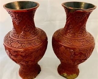 $100; Pair cinnabar vases, as is; 10 in. (H) x 5 1/2 in. (W) x 3 1/2 in. (depth)
