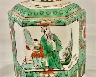 $30; Chinese porcelain hexagonal tea caddy; 6 in. (H) x 3 1/2 in. (W)