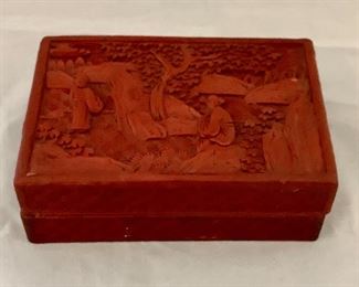 $45; Cinnabar rectangular wooden box with decorative carved cover; 2 in. (H) x 5 1/2 in. (L) x 3 1/2 in. (depth)