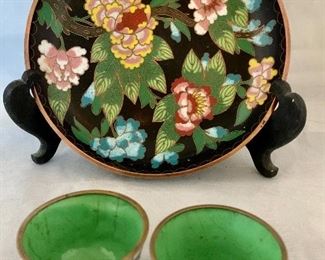 $30 set; Cloisonné plate, 6 in. (diameter) and cloisonné pair of cups, 2 in. (diameter); plate stand not included.
