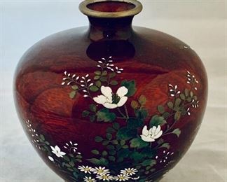 $60; Cloisonné oxblood vase, 3 1/2 in. (H) x 3 1/2 in. (W)