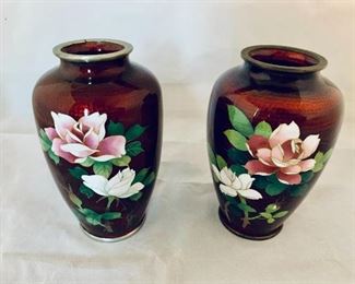 $60 (Left), $50 (Right - as is ) Pair cloisonné oxblood vases; 4 1/2 in. (H) x 3 in. (W)