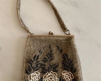 $20; Silver/taupe small beaded evening bag, 6" H x 6" W