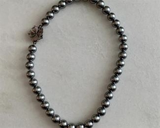 $24: Silver tone bead necklace with sterling silver clasp, 16.5" long