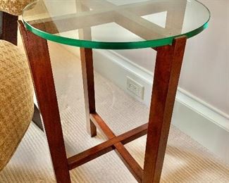 $75; Glass topped Side table, 21.5" H x 15" diameter; as is (repaired)