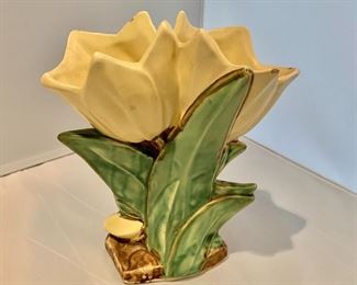 $25; McCoy Vase #2 yellow tulips, small chips, 8" H x 7" W 