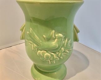 $20; McCoy green glazed vase with cardinal; 8" H x 6" W 