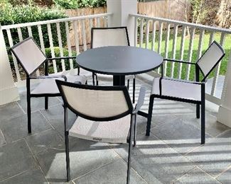 $350; Crate & Barrel patio set, metal and mesh. Table: 29" H and 31.5" diameter, chairs are 33.5" H x 22.5" W x 22" D with 18" seat height 