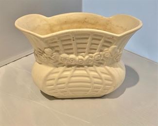 $15; White ceramic basket vase; 6" H x 8" W x 3.75" D