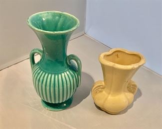 $25 McCoy Vase #7 (fluted green) (SOLD) 7.25" H x 4" W;  $10; Small ceramic vase (cream) 5" H x 4" W 