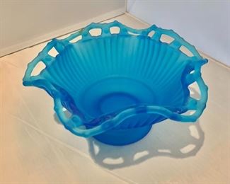 $20; Blue glass candy dish; 3.75" H x 7.75" W 