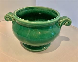 $20; McCoy Vase #8, green glazed with handles; 4" H x 7.5" W x 5" D