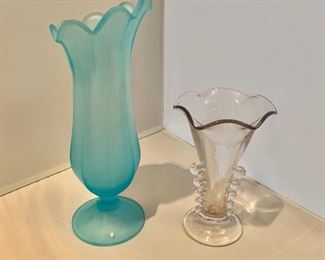 $25; LOT OF 2 Blue glass vase: 13" H x 5" W; Clear glass vase: 8" H x 5" W