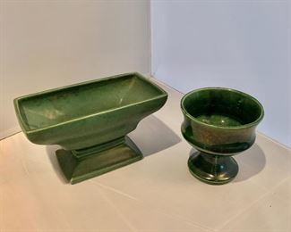 $35; LOT OF 2; McCoy Vase #10 (green pedestal rectangle on left): 4.5" H x 8" W x 4.5" D and McCoy Vase #11 (dark green round on right) 4.5" H x 4.5" diameter