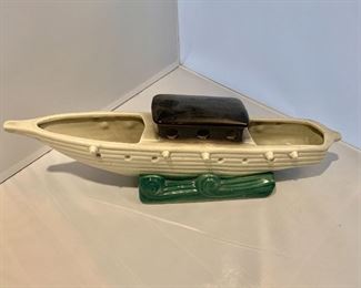 $40; Vintage McCoy ceramic glazed boat planter; marked "USA 886"; 5" H x 17" W x 3.5" D