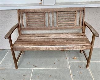 $60; Outdoor wooden bench; 34" H x 50" W x 22" D. Needs retightening.