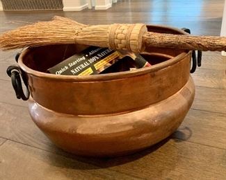 $65; Copper firewood bucket; 10" H x 17" W x 14" D. Includes 24" broom. 