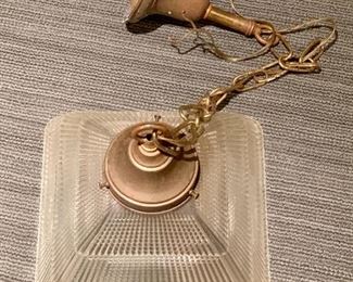 $225; Vintage Art Deco brass and glass hanging holophane pendant;  Glass approx 12” square