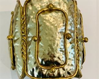 $40; Artsy goldtone cuff bracelet; approx 4” high