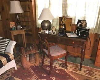 Desk, Vintage Microscope, Vintage Bell & Howell Camera, Binoculars, Camel Saddles, and more...