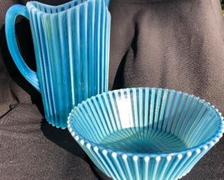 A.J. Beatty Opalescent Ribbed Glass Pitcher & Bowl
Circa 1890
