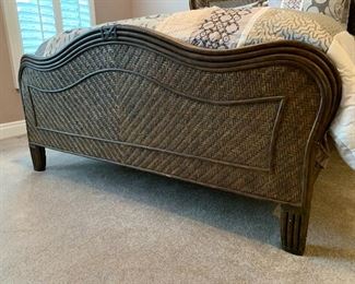 7. Queen Size bed with a wicker design wood Head and Foot Board. Mattress and bedding included $325 Nightstands sold separately