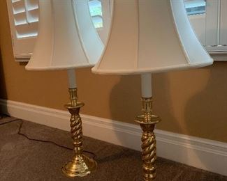 14b. Pair of brass lamps with pretty nice shades $55