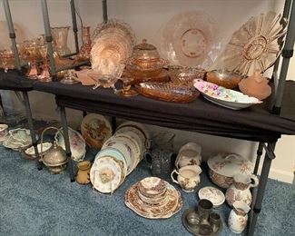 Pink Depression glass and assortment