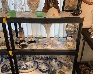 Art Deco picture frame, flow blue, kitchen clock, tea cups