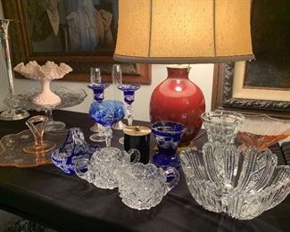 Assorted crystal and cut glass. Sterling vase