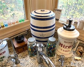 Hires syrup pump, marbles, vintage crock water dispenser 