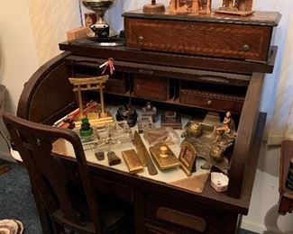 Cute small antique Imperial desk with chair. Ink wells