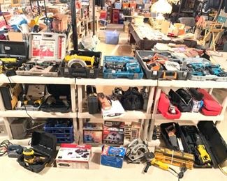 Large assortment of power tools including rigid power planer, Dewalt circular saw, Makita impact drivers, Profile sanders, air nailers, multiple Dremel tools, Craftsman angle grinders, multiple reciprocating saw’s, and much more