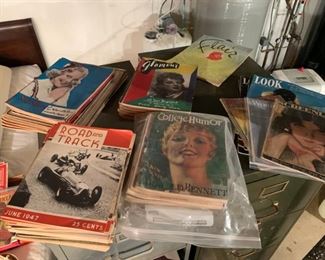 Hundreds of vintage magazines including luck, Screenland, Glamour, college humor, road and track, Hollywood, The Etude, Saturday evening post, life, modern mechanix, popular mechanics, Hot rod, car care, sports car, and many more
