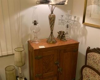Oak ice box and mid century lamps