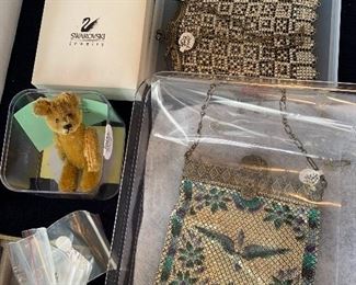 Schuco miniature mohair bear hidden perfume bottle. Antique victorian metal mesh flapper hand bags