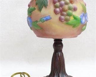 $120 Table "puffy" lamp, bronze base & finial, colored molded glass globe w/ morning glories & grape bunches, electric cord w/ switch.  H: 15" | base diameter, 4.5"; globe diameter: 7" [Furniture]