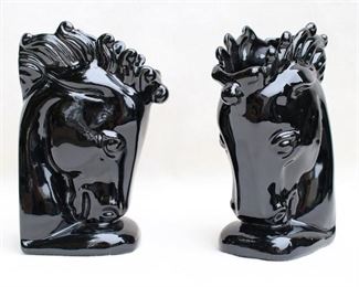 $40 Set of 2 black ceramic horsehead mantel vases.  W: 4" | H: 8.5" | D: 6" [Bin 43]