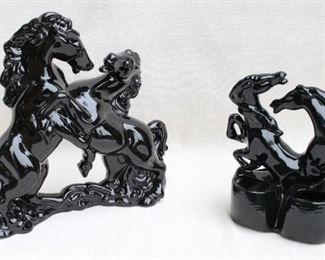 $30 Left: Two black ceramic horses fighting with each other.  W: 13" | H: 13" | D: 5" 
$25 Right: Double planter of 2 red-eyed black ceramic horses fighting w/ each other.  W: 9" | H: 9.5" | D: 4.5" [Bin 41]