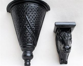 $35 Left: Wall bracket shelf, wood & wicker painted black. 
W: 12" | H: 16" | D: 6"
$35 Right: Wall bracket shelf, black painted resin horsehead w/ shelf on top, 2 holes for hanging.  W: 5" | H: 9" | D: 6.5" [Bin 40] 